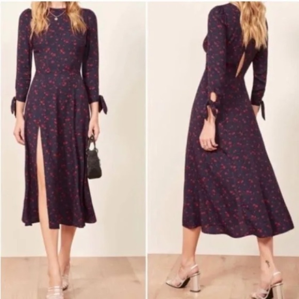 Women's Navy Floral Midi Dress with Side Slit